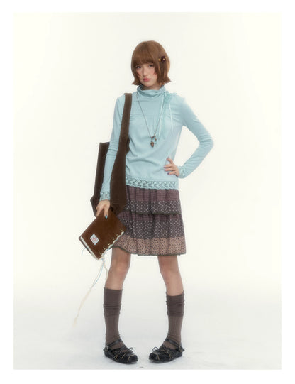 “Caramel Patchwork” Brown Patchwork Floral Plaid Lace A-Line Tiered Skirt