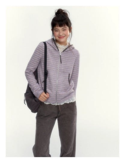 Dusty Purple Stripe Hooded Knit Cardigan