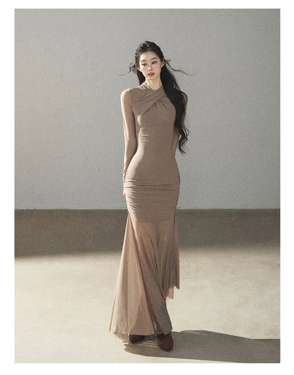 AOMALM - Milk Tea Ruched Mesh Mermaid Maxi Dress
