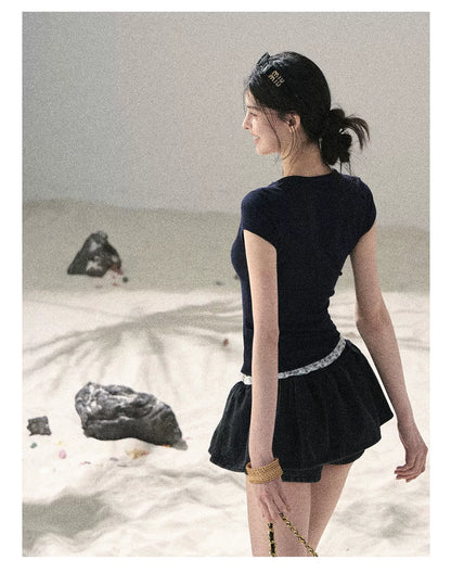 "Shimmer Across the Sea" Denim Bubble Skort (Rock Black/ Vintage Blue)