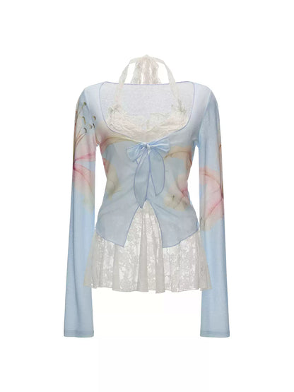 Lily Print Tie-Front Cardigan & Lace Halter Cami Set