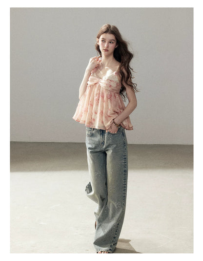 "Passing By the Sea" Vintage Blue Rhinestone Bow Wide-Leg Jeans