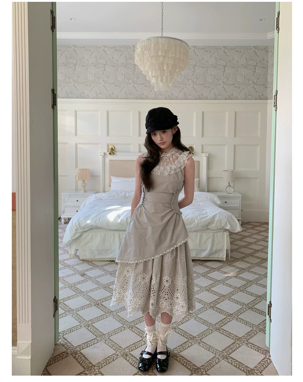 “Tea Garden Reverie” Light Apricot Plaid Embroidered Dress