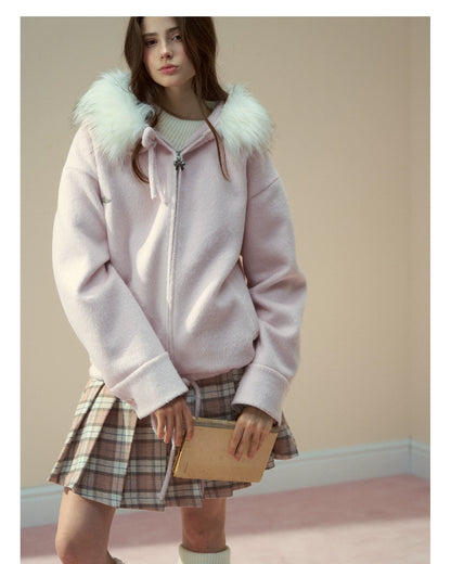 SunsetPark - "Warm Winter Days" Faux Fur Collar Wool-Blend Top Coat (Gray / Pink)