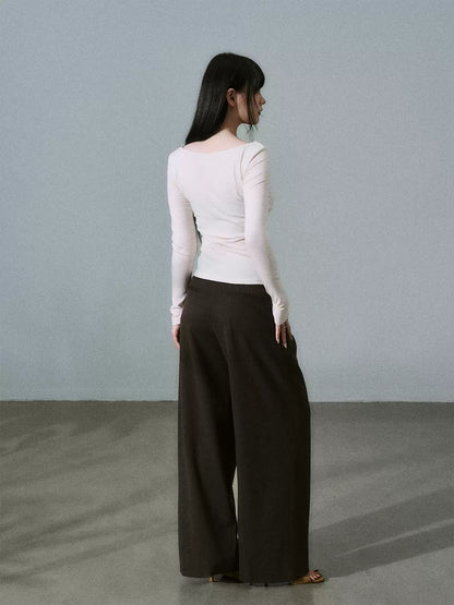 LOST FOREST - Light Pink Lace-Trim Twist Lyocell-Wool V-Neck Long Sleeve Top