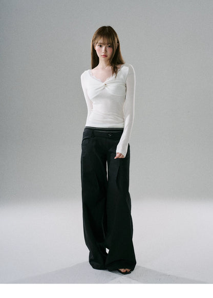 LOST FOREST - Lace Twist-Font Fitted Top (Cream White / Goose Yellow)
