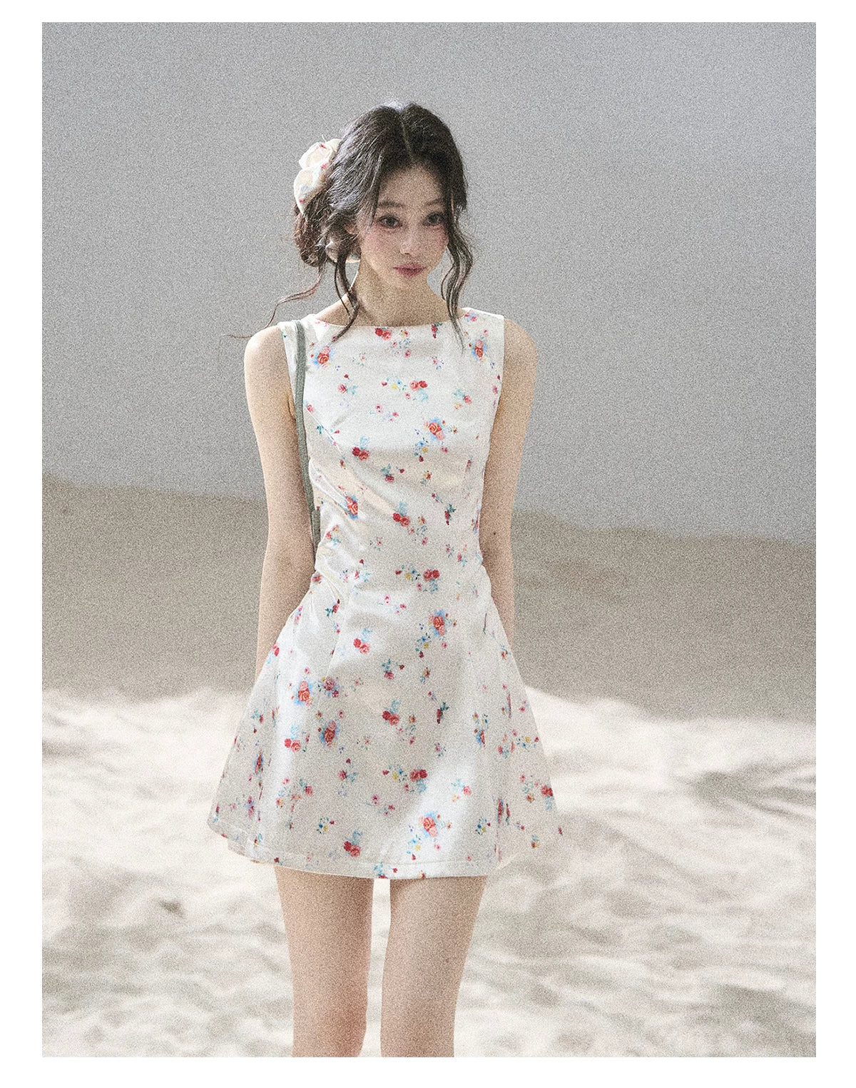 "Where Every Bloom Begins" Dutch Cream Floral Satin Puff Mini Dress (With Matching Scrunchie)