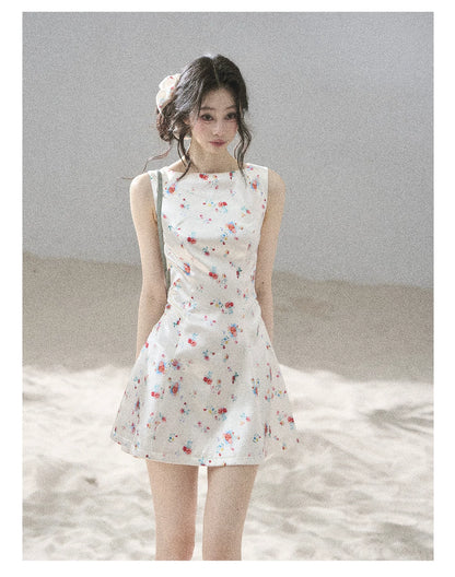 "Where Every Bloom Begins" Dutch Cream Floral Satin Puff Mini Dress (With Matching Scrunchie)