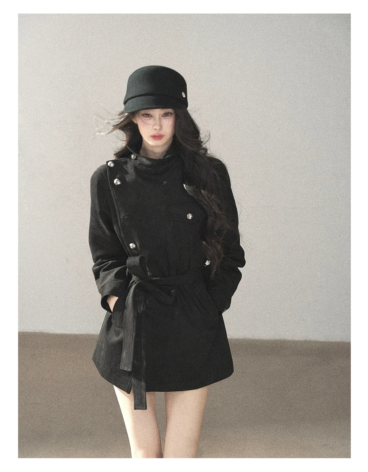 AOMALM - Black Faux-Suede Cropped A-Line Trench Coat with Belt