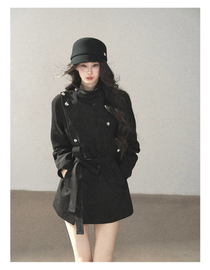 AOMALM - Black Faux-Suede Cropped A-Line Trench Coat with Belt