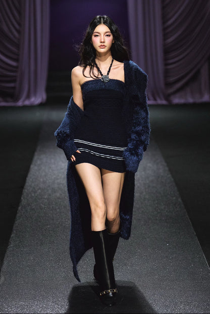"Midnight Bloom" Navy Hand-Crochet Floral Contrast Knit Dress & Oversized Shawl Collar Knit Cardigan Set