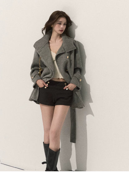 OAKMOO/ Pure Wool Belted Double-Faced Stand Collar Coat (Silver Blue / Flint Gray)