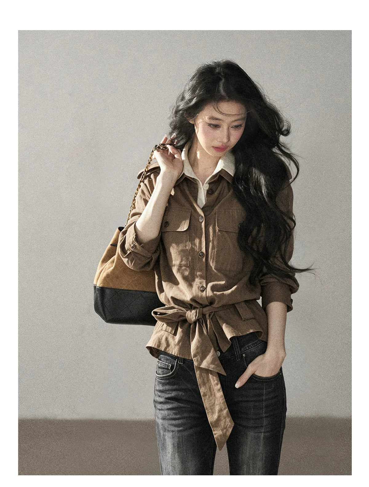AOMALM - "The Final Chapter of an Old Dream" Roasted Pecan Brown Faux Two-Piece Linen Top with Belt