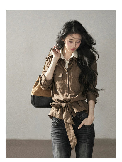 AOMALM - "The Final Chapter of an Old Dream" Roasted Pecan Brown Faux Two-Piece Linen Top with Belt
