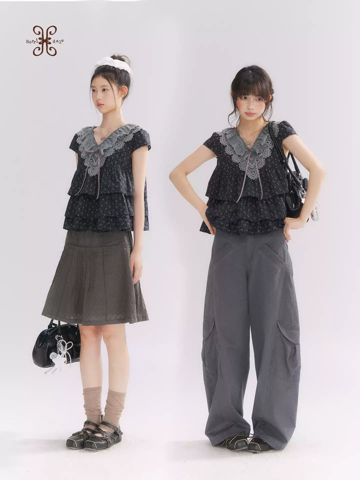 “Midnight Petal” Gray-Black Floral Top & Tiered Dress