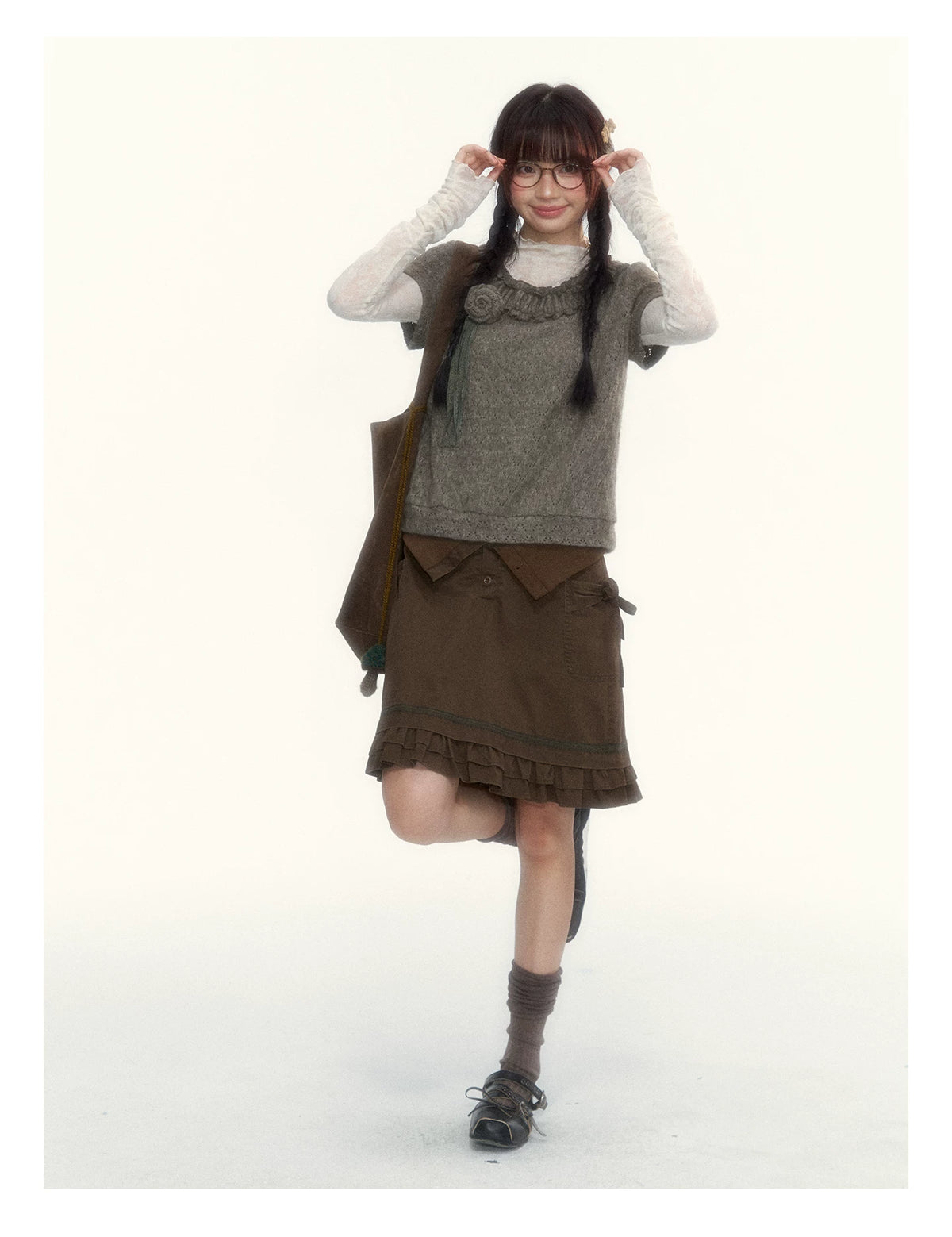 “Everyday Mist” Jacquard Lace Layering Top ( Ivory / Fog Gray )