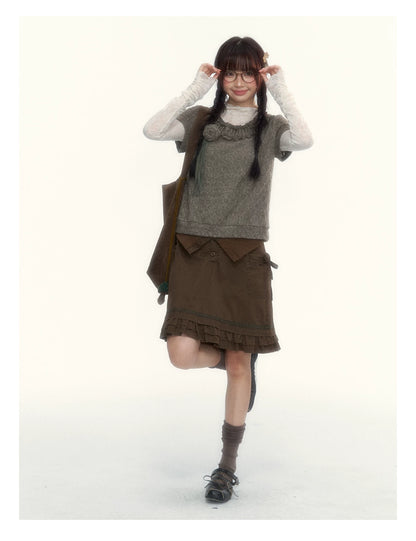 “Everyday Mist” Jacquard Lace Layering Top ( Ivory / Fog Gray )