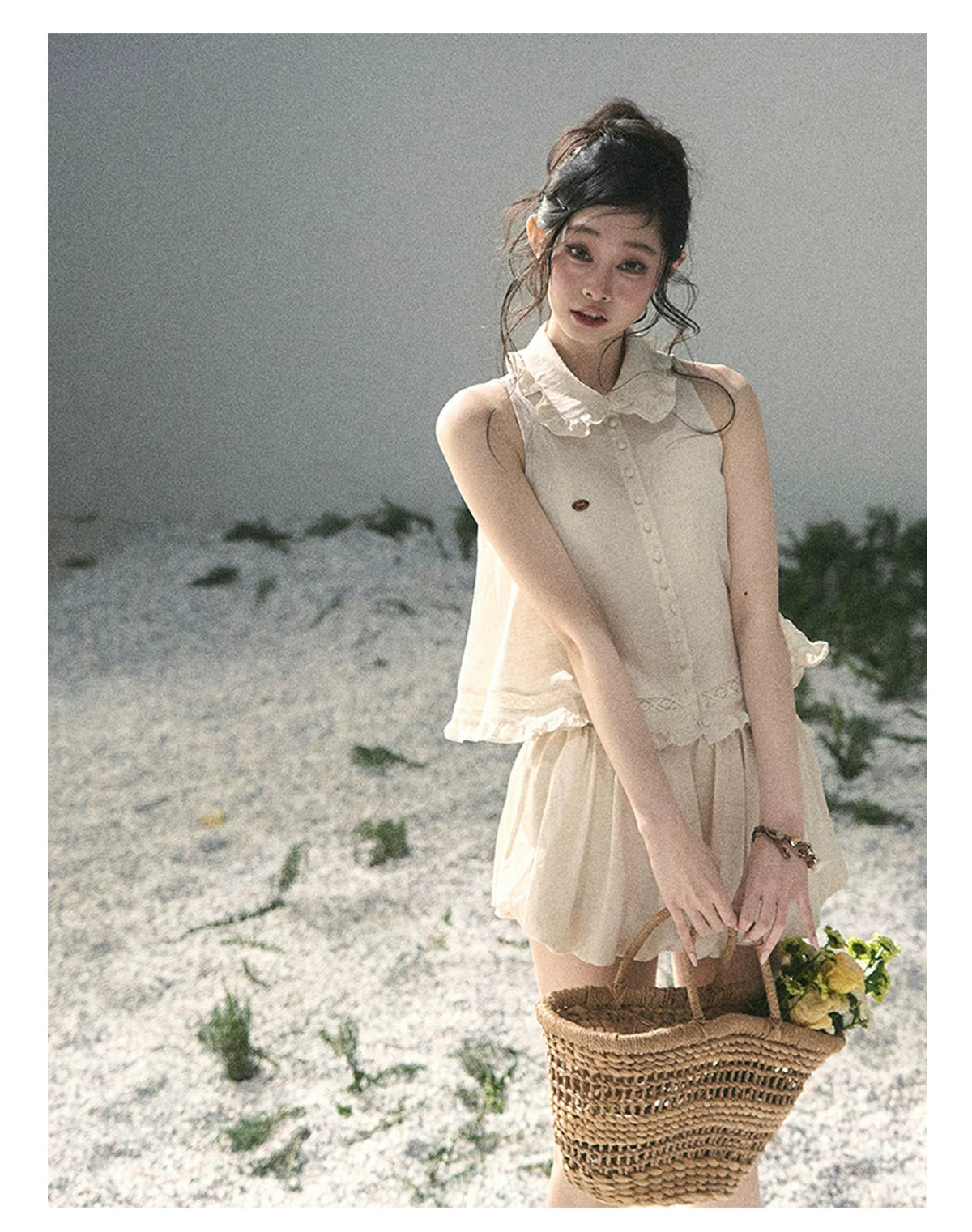 "Soft Cloud Reverie" Dutch Cream Lace Top & Bubble Skirt & Wide-Leg Pants Set 5468465