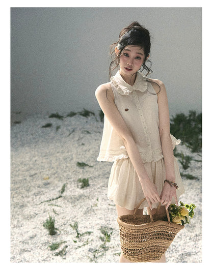 "Soft Cloud Reverie" Dutch Cream Lace Top & Bubble Skirt & Wide-Leg Pants Set 5468465