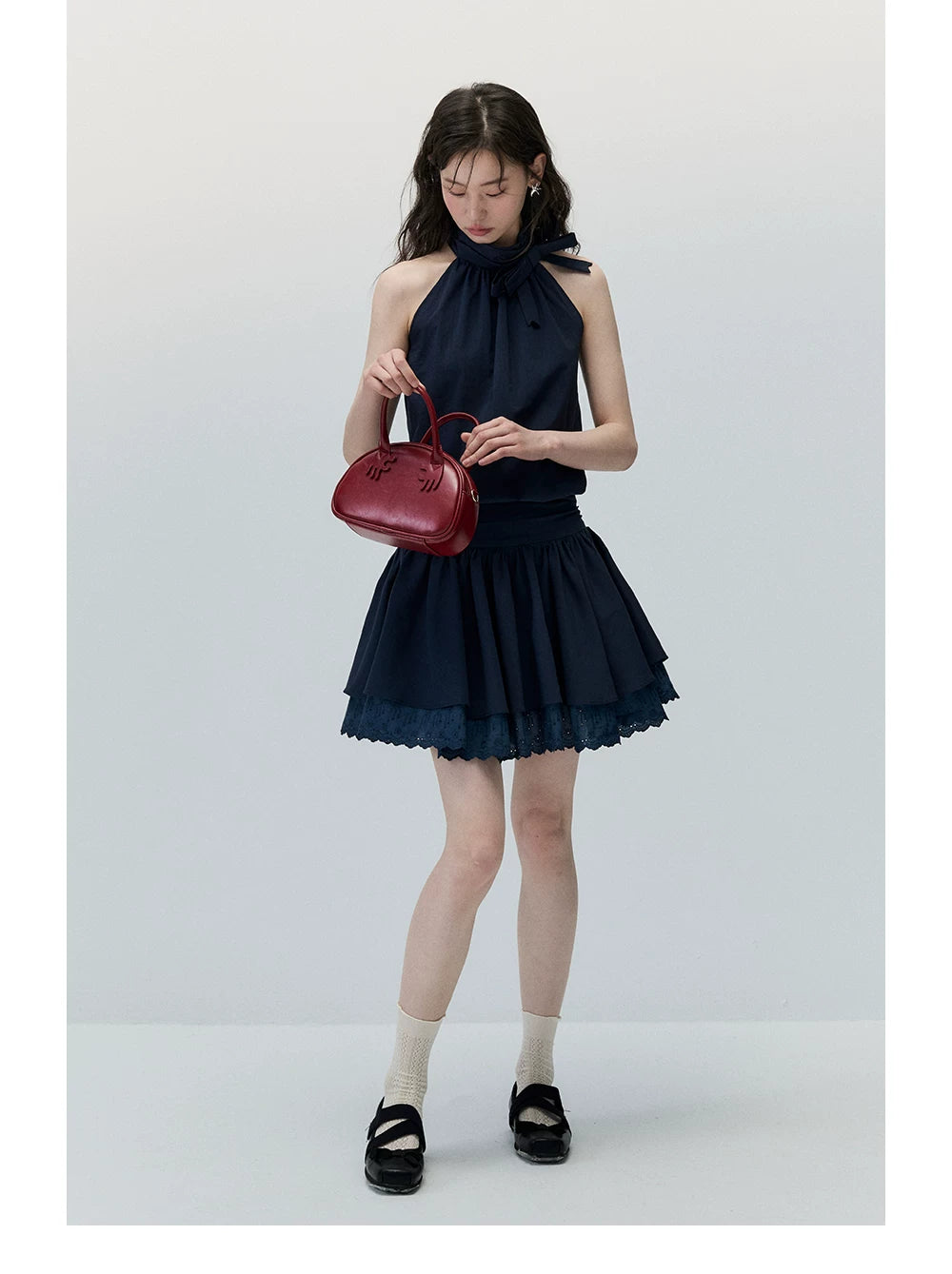 Navy Blue Bow-Tie Halter Dress with Double-Layer Lace Hem