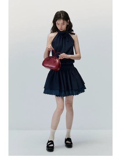 Navy Blue Bow-Tie Halter Dress with Double-Layer Lace Hem