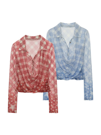Layered Plaid Mesh Long Sleeve Shirt (Red / Blue)