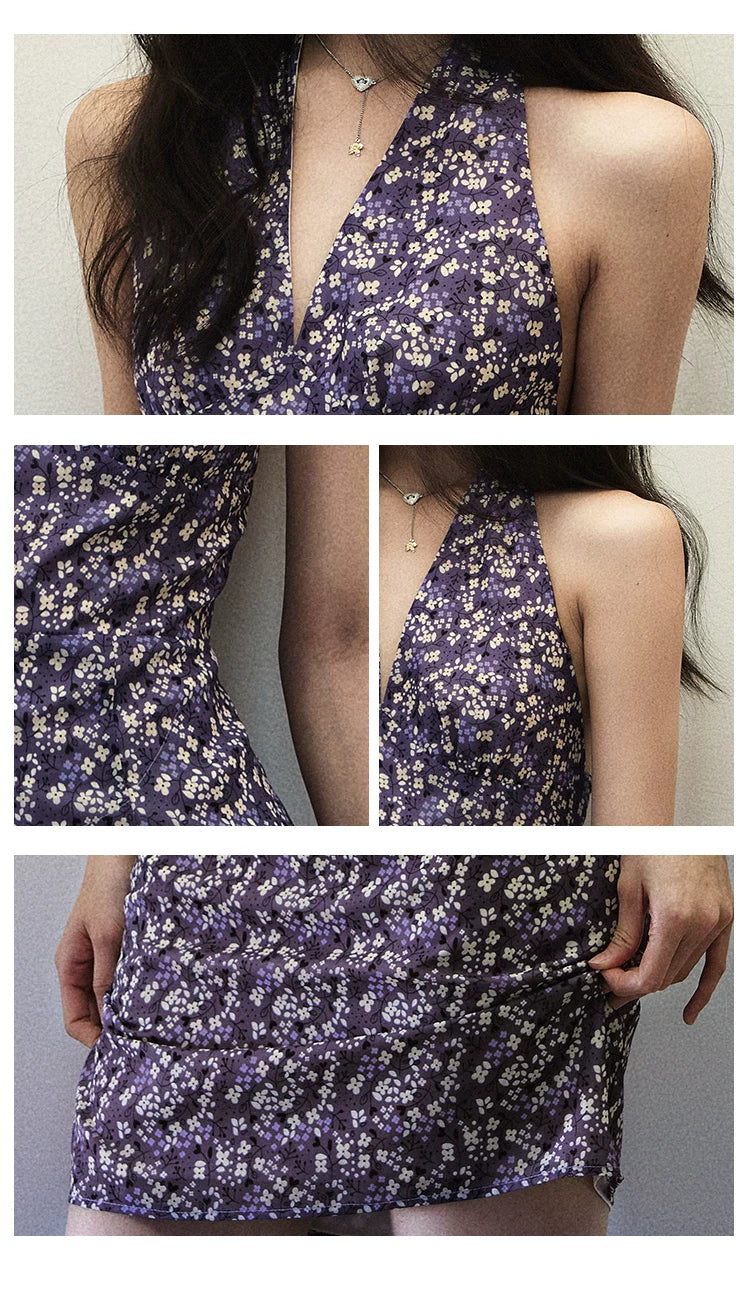 1P - Purple Floral Halter V-Neck Mini Dress