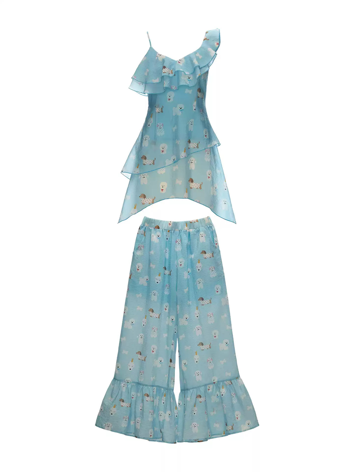 MAMC - Sky Blue Puppy Print Ruffle Cami & Wide-Leg Pants Set WE969