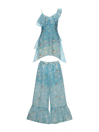 MAMC - Sky Blue Puppy Print Ruffle Cami & Wide-Leg Pants Set WE969