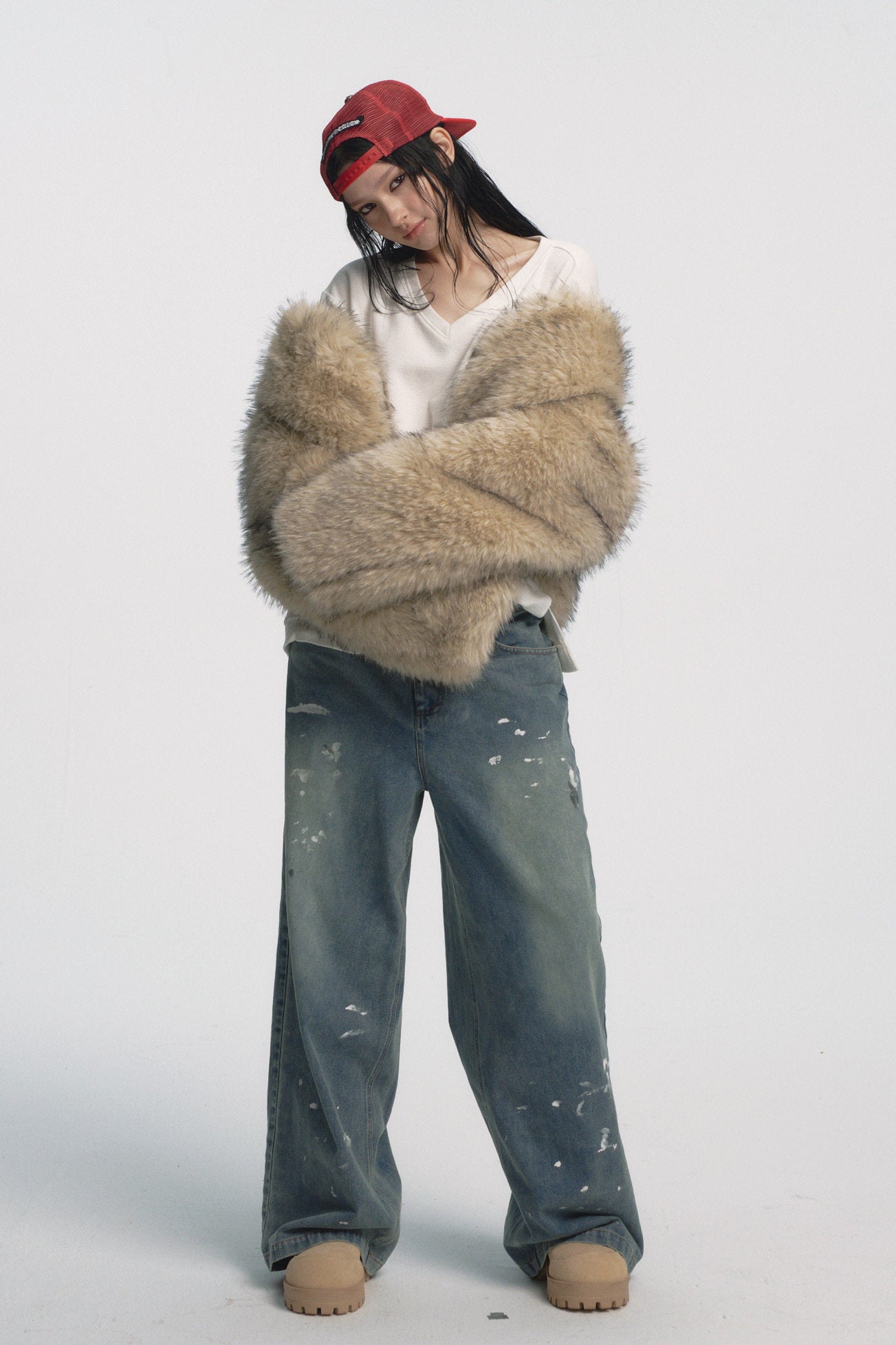 Muirgen - Y2K Tipped Faux Camel Hair Shawl Cropped Jacket