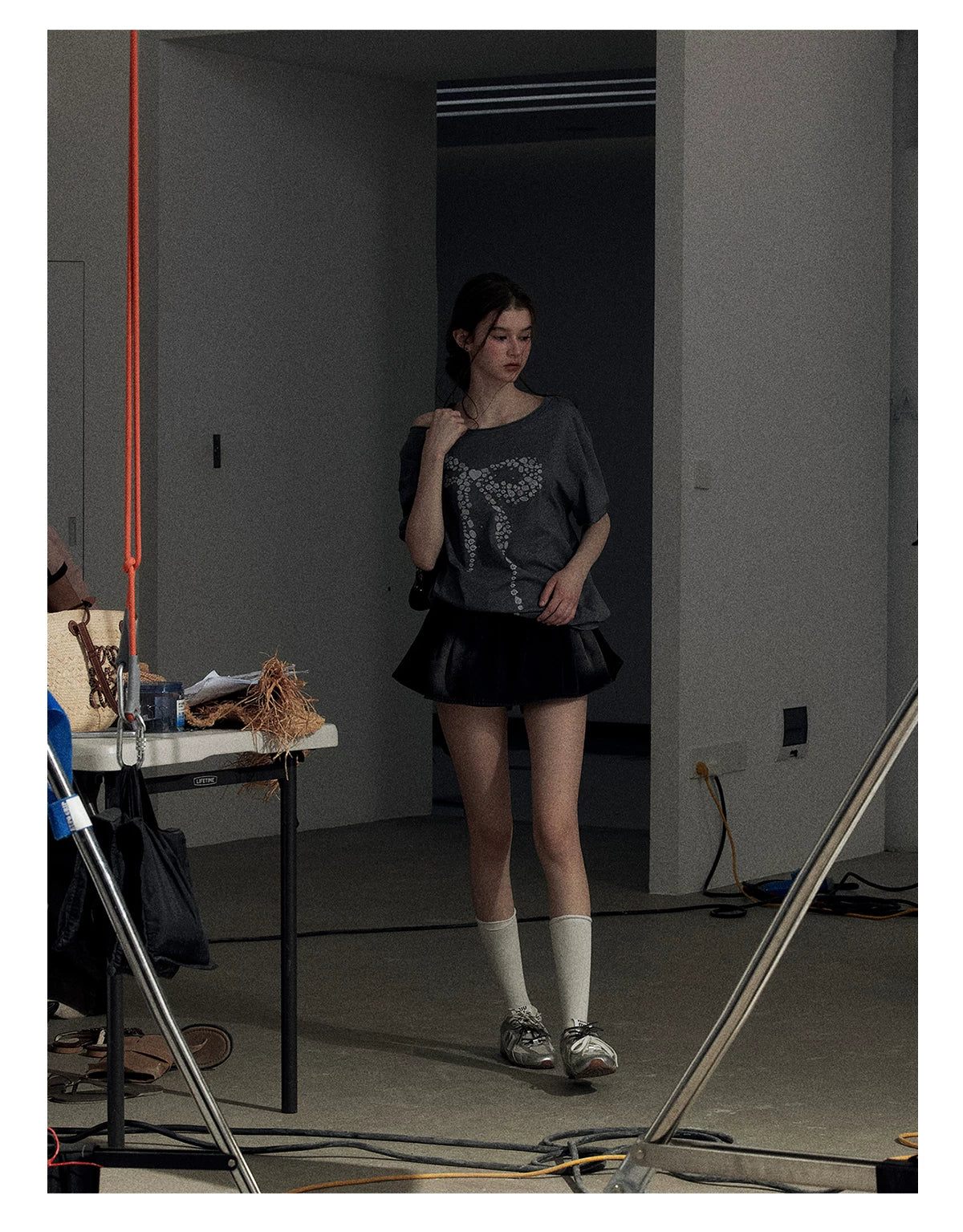 "Muted Shades of Gray" Silver Mouse Gray Off-Shoulder Tee