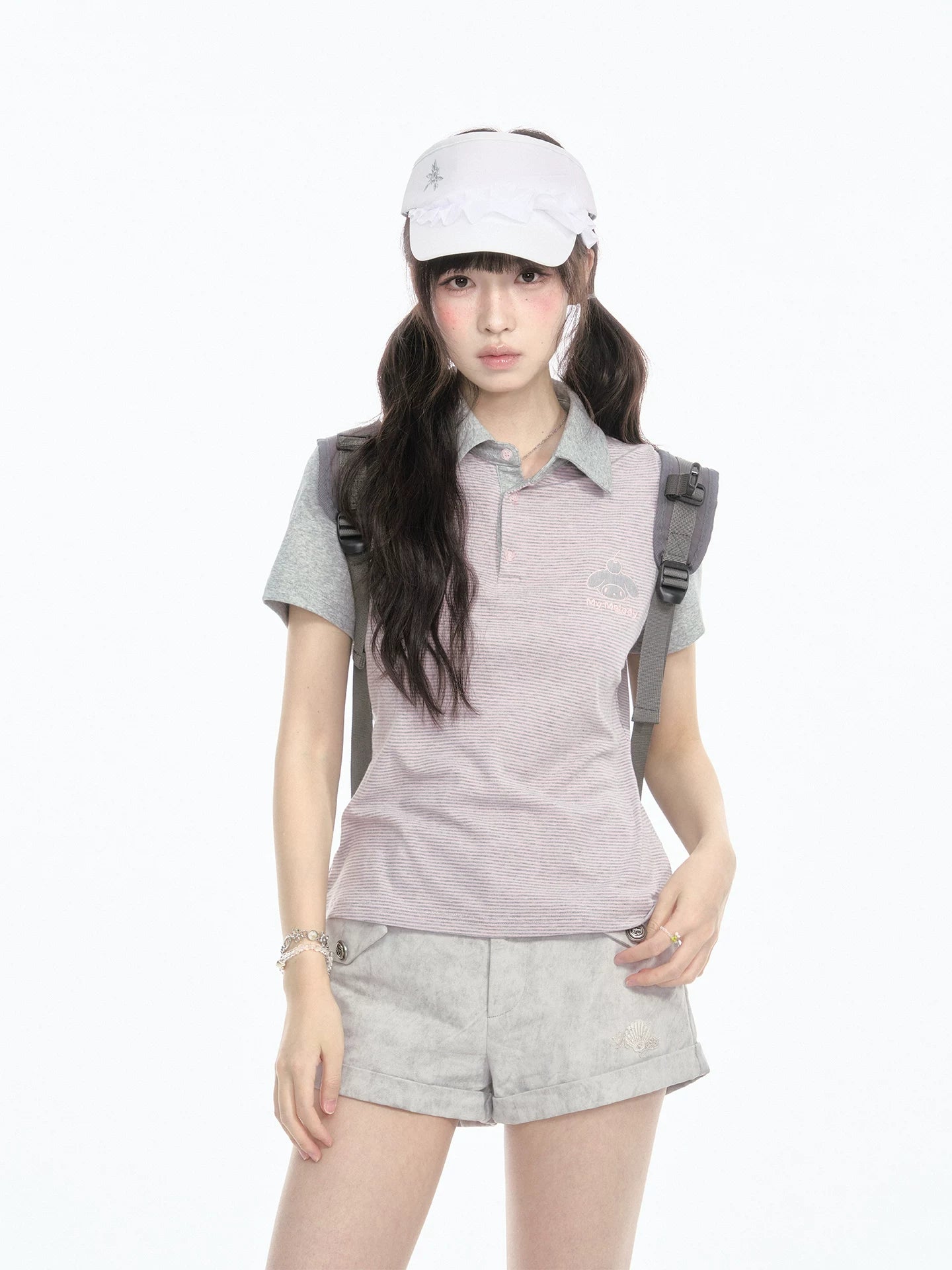 Contrast Stripe Light Gray Pink Polo Collar Short Sleeve Top / Shorts