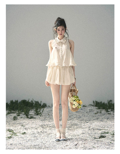 "Soft Cloud Reverie" Dutch Cream Lace Top & Bubble Skirt & Wide-Leg Pants Set 5468465