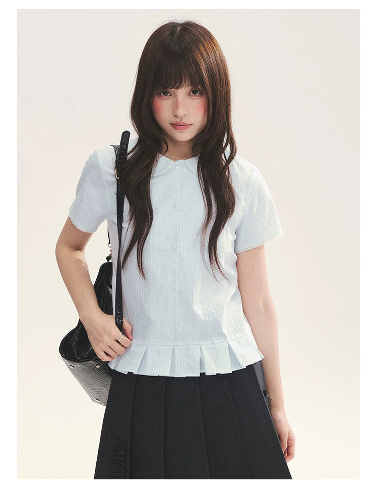 "Citrus Sea Salt" Stripe Lace Peter Pan Collar Pleated Shirt (White Blue / Blue White)