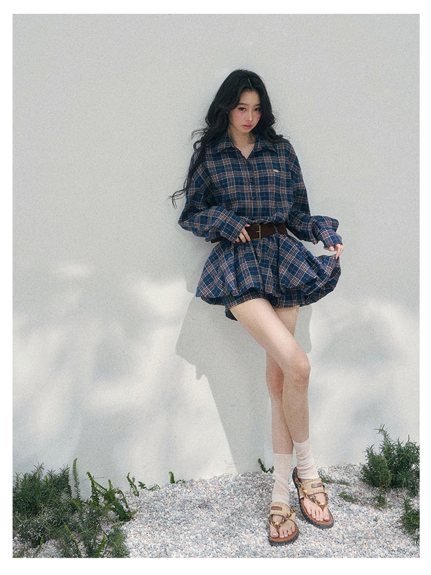少也眼 “Rain Traces on Windowpanes” Polo-Collar Plaid Shirt Mini Dress 5286347