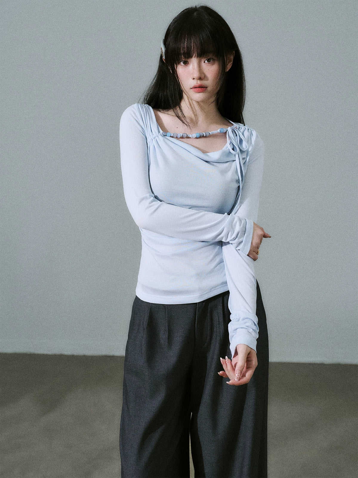 LOST FOREST - Sky Blue Lyocell Cowl-Neck Long Sleeve Top with Handmade Beading