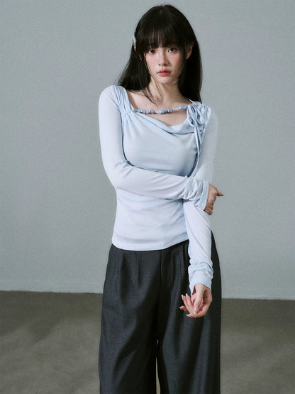 LOST FOREST - Sky Blue Lyocell Cowl-Neck Long Sleeve Top with Handmade Beading