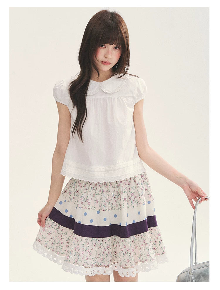 "Cotton Cloud" White Ruffle Collar Puff Sleeve Babydoll Top