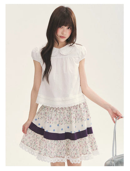 "Cotton Cloud" White Ruffle Collar Puff Sleeve Babydoll Top