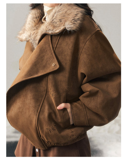 少也眼 "Cloud Veils Over the Mountains" Hepburn-Style Padded Faux Suede Butterfly Coat