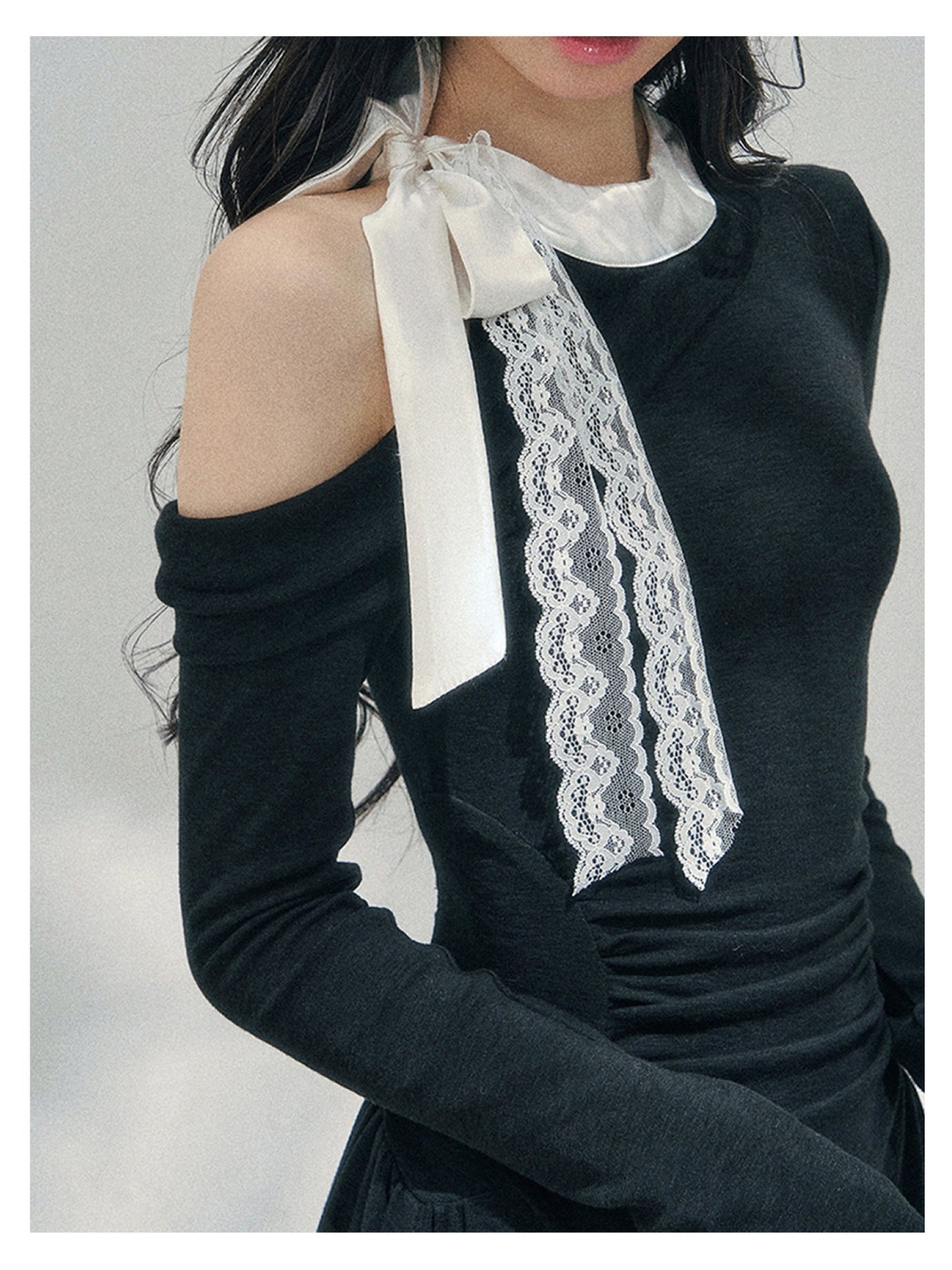 少也眼 “Lingering Warmth Entwined” Layered French Lace One-Shoulder Mini Dress - Serene Black 5435553