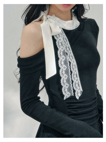 少也眼 “Lingering Warmth Entwined” Layered French Lace One-Shoulder Mini Dress - Serene Black 5435553