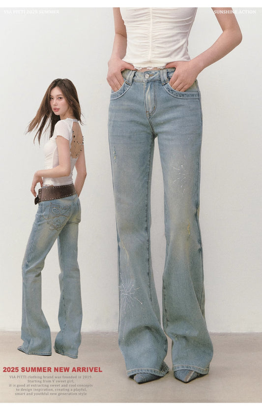 VIAPITTI - Rhinestone Firework Flare Jeans (White / Washed Blue)