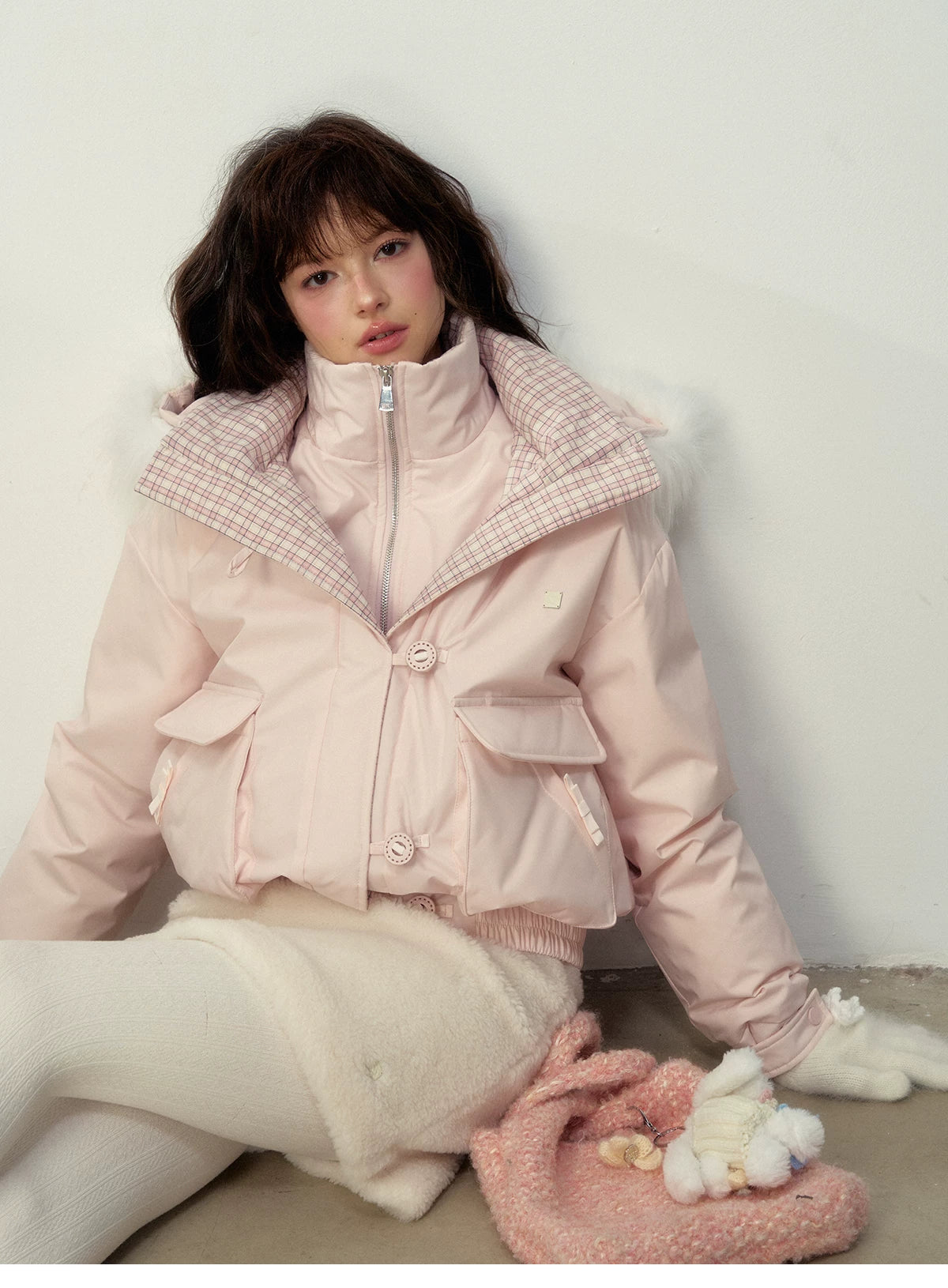 SunsetPark - Blush Pink & Plaid 90% White Duck Down Puffer Jacket (Short / Long / Navy / Glacier Blue)
