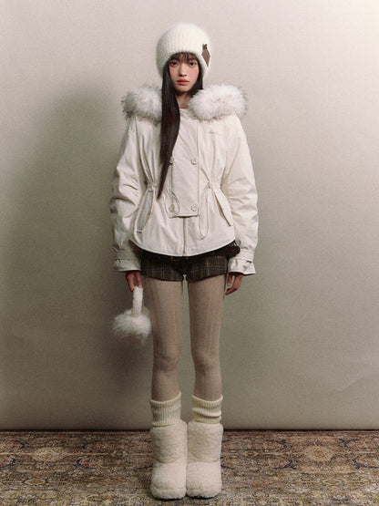 Soote Season - “Cloud Waistline” Cloud Mist White Faux Fur Collar Cinched Puffer Parka
