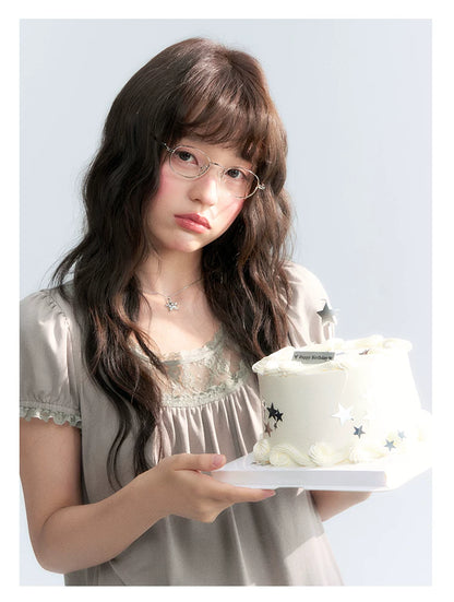 "Vintage Cream" Milk Gray Lace Trim Puff Sleeve T-Shirt