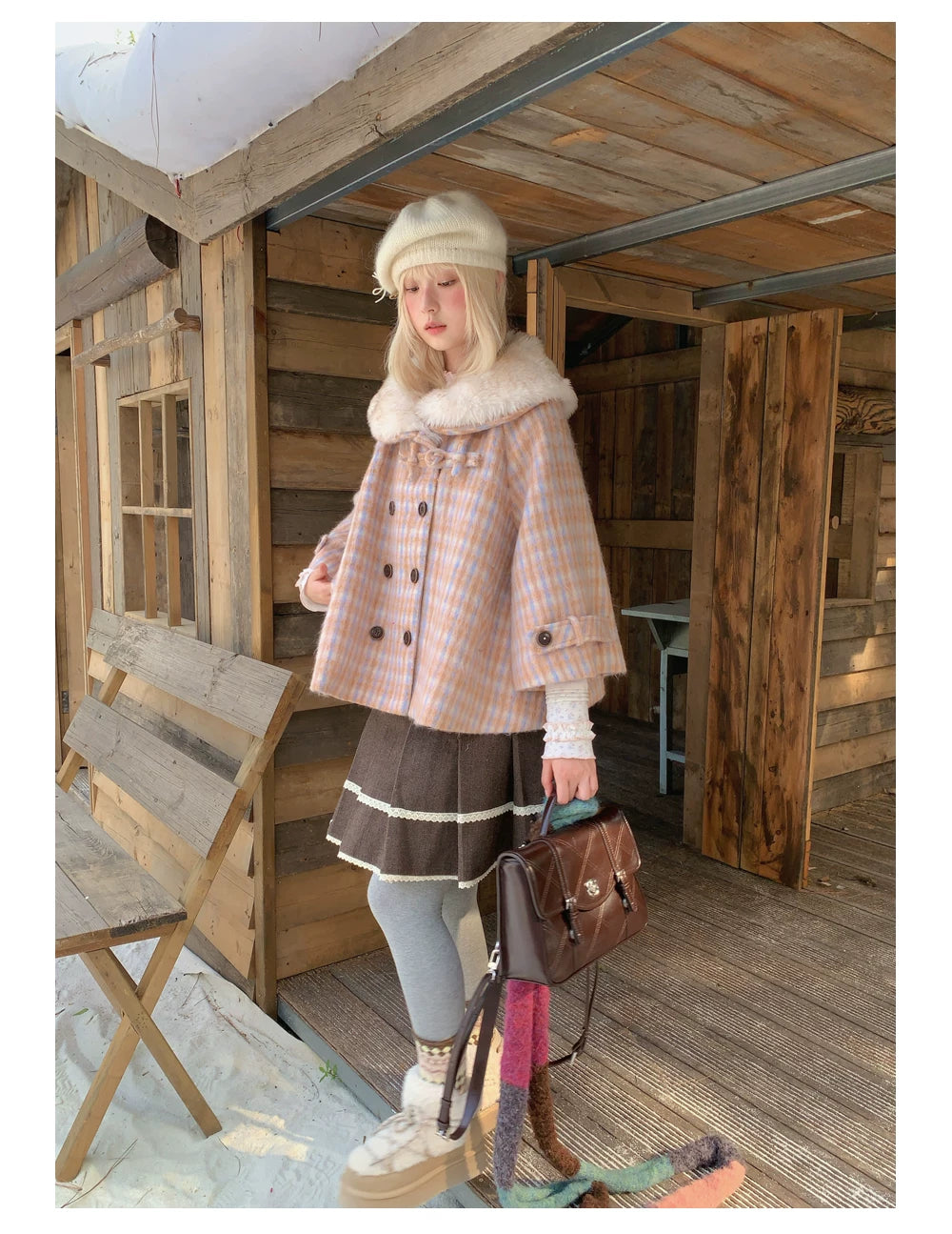 RF - Orange Plaid Cropped Cape Coat with Apricot Faux Fur Collar