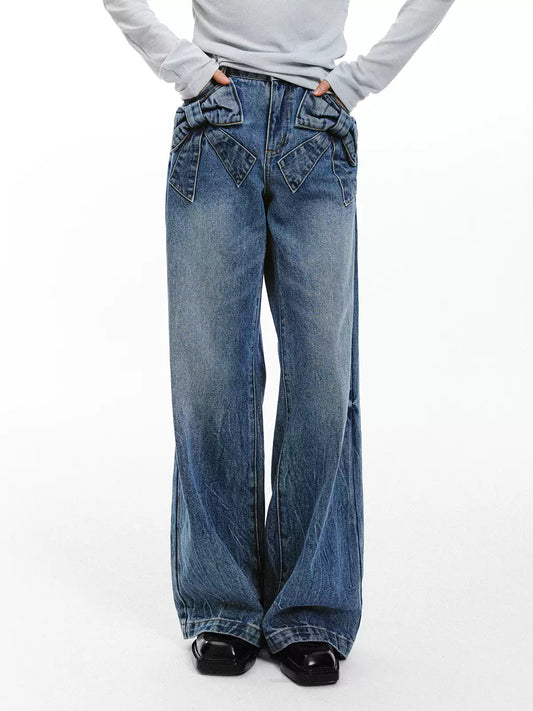 “Bow Pocket Wash” Wide-Leg Loose Denim Jeans - Blue ML6661