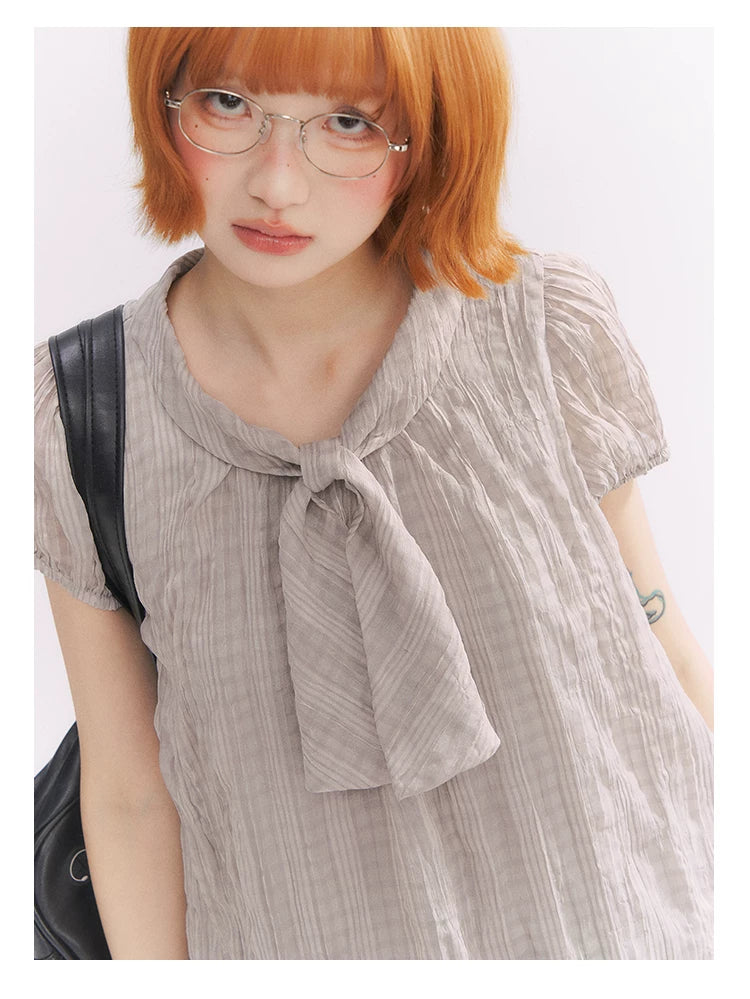 “Formatted Memories” Gray Plaid Textured Bow Tie Puff Sleeve Blouse