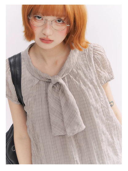 “Formatted Memories” Gray Plaid Textured Bow Tie Puff Sleeve Blouse